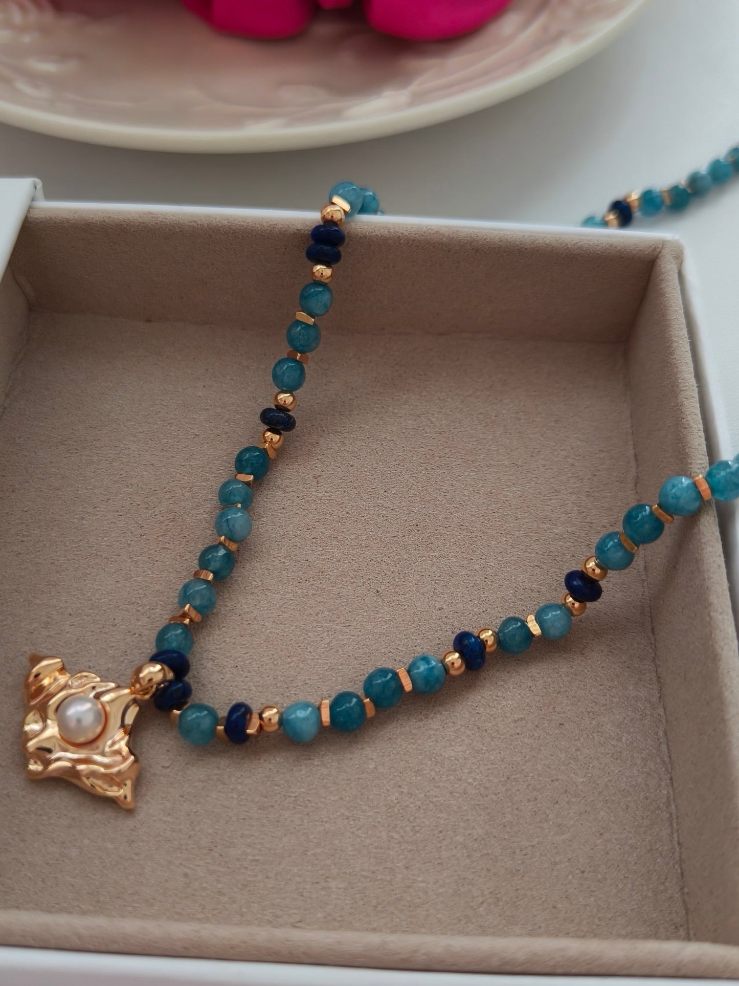 Amazonite and Lapis Lazuli Gemstone Pearl Necklace with Artistic Design