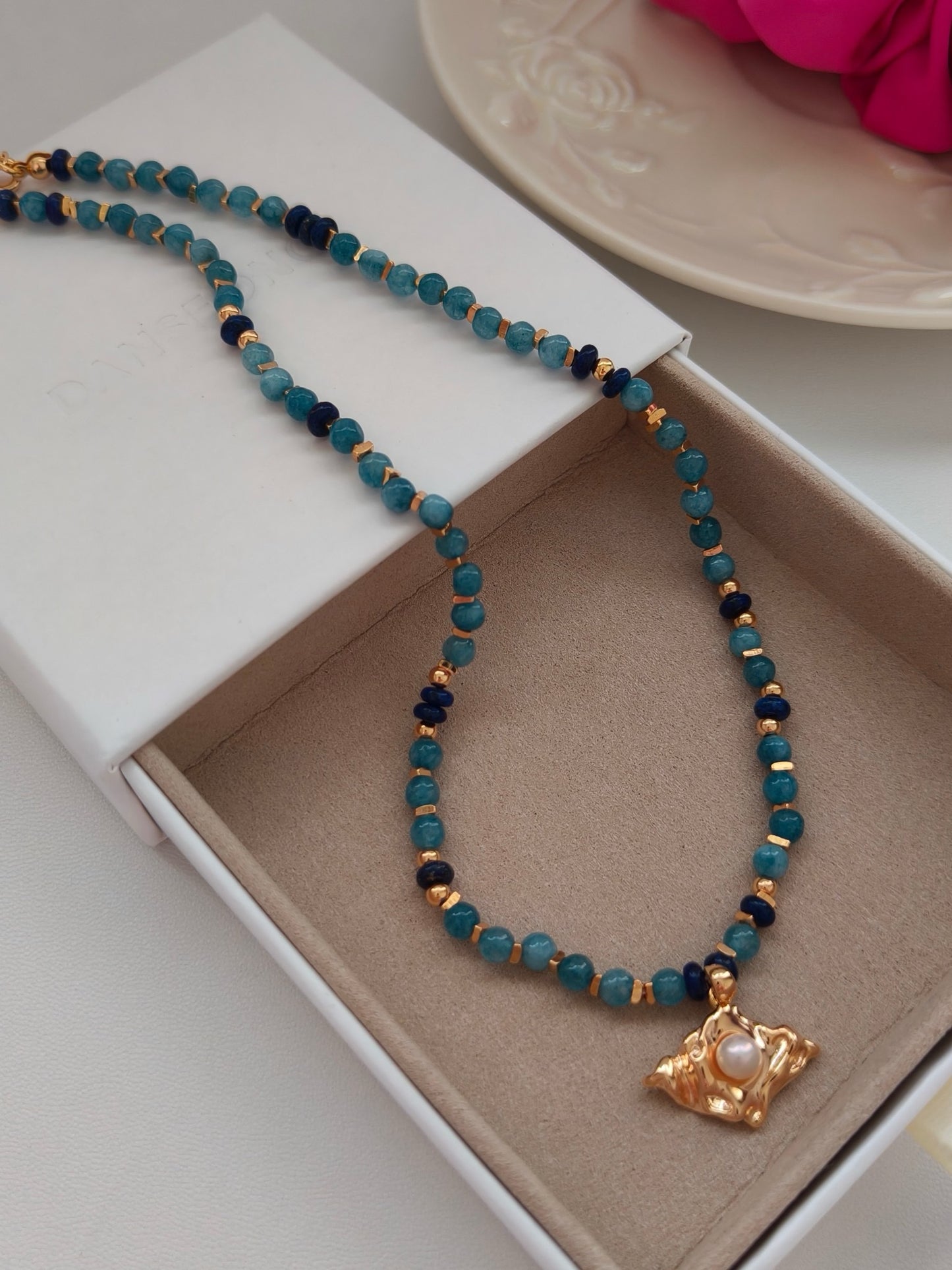 Amazonite and Lapis Lazuli Gemstone Pearl Necklace with Artistic Design