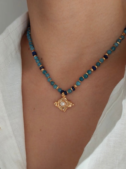 Amazonite and Lapis Lazuli Gemstone Pearl Necklace with Artistic Design