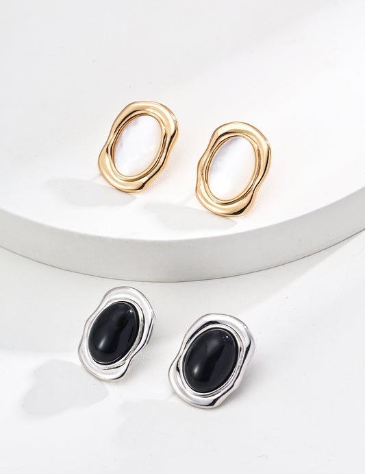 S925 Silver Minimalist Black Onyx / Mother-of-Pearl Earrings