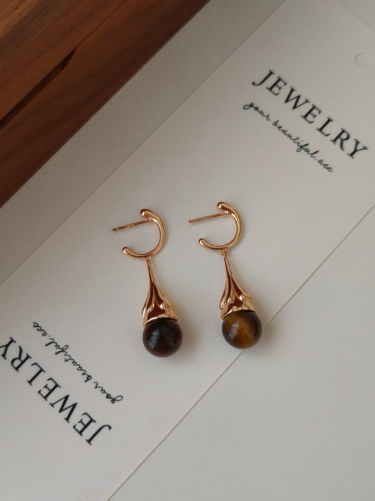 Tiger Eye Gemstone 18K Gold Earrings