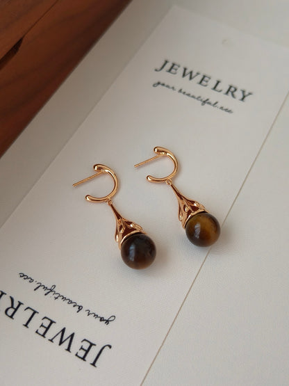 Tiger Eye Gemstone 18K Gold Earrings