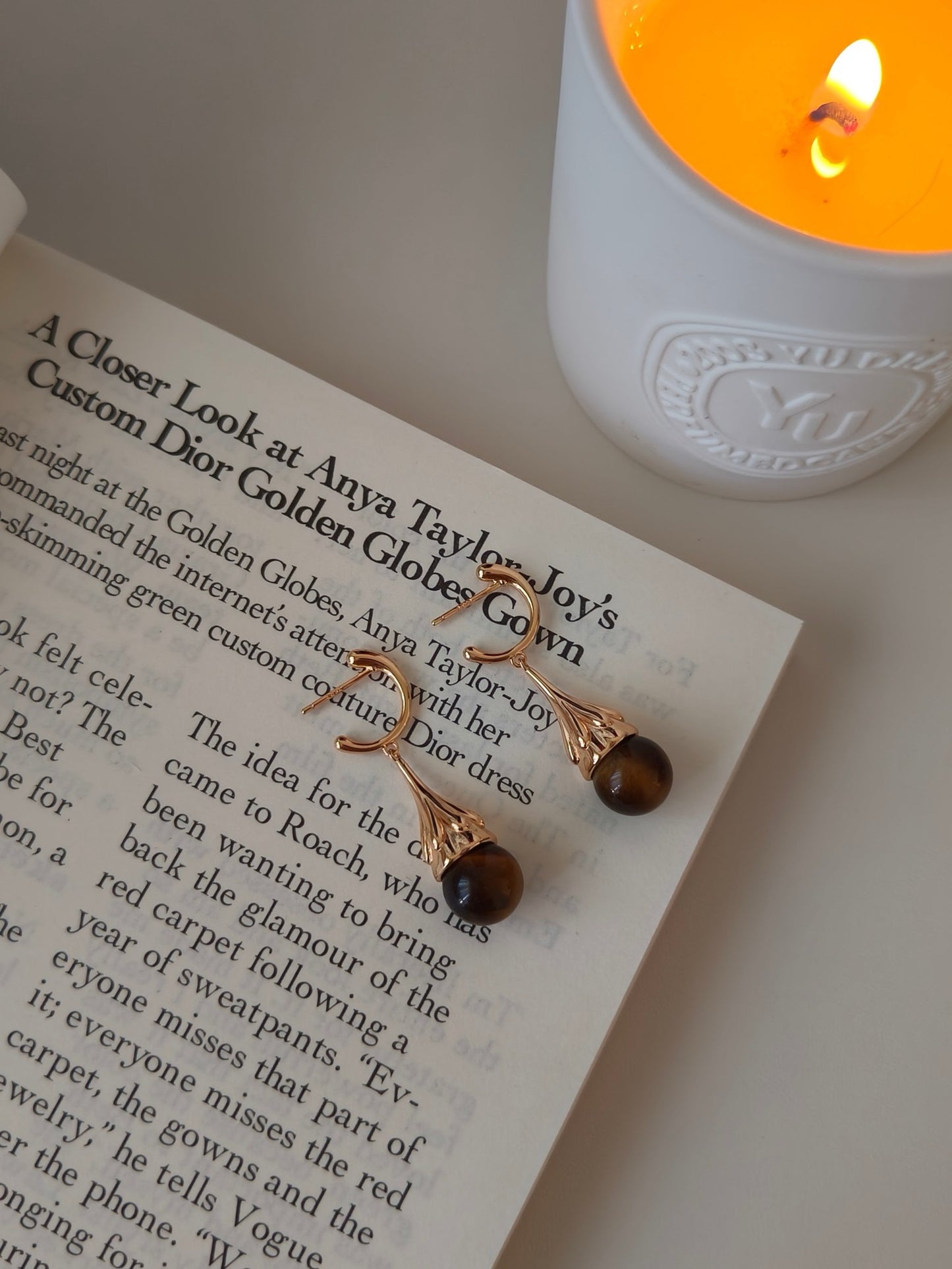 Tiger Eye Gemstone 18K Gold Earrings