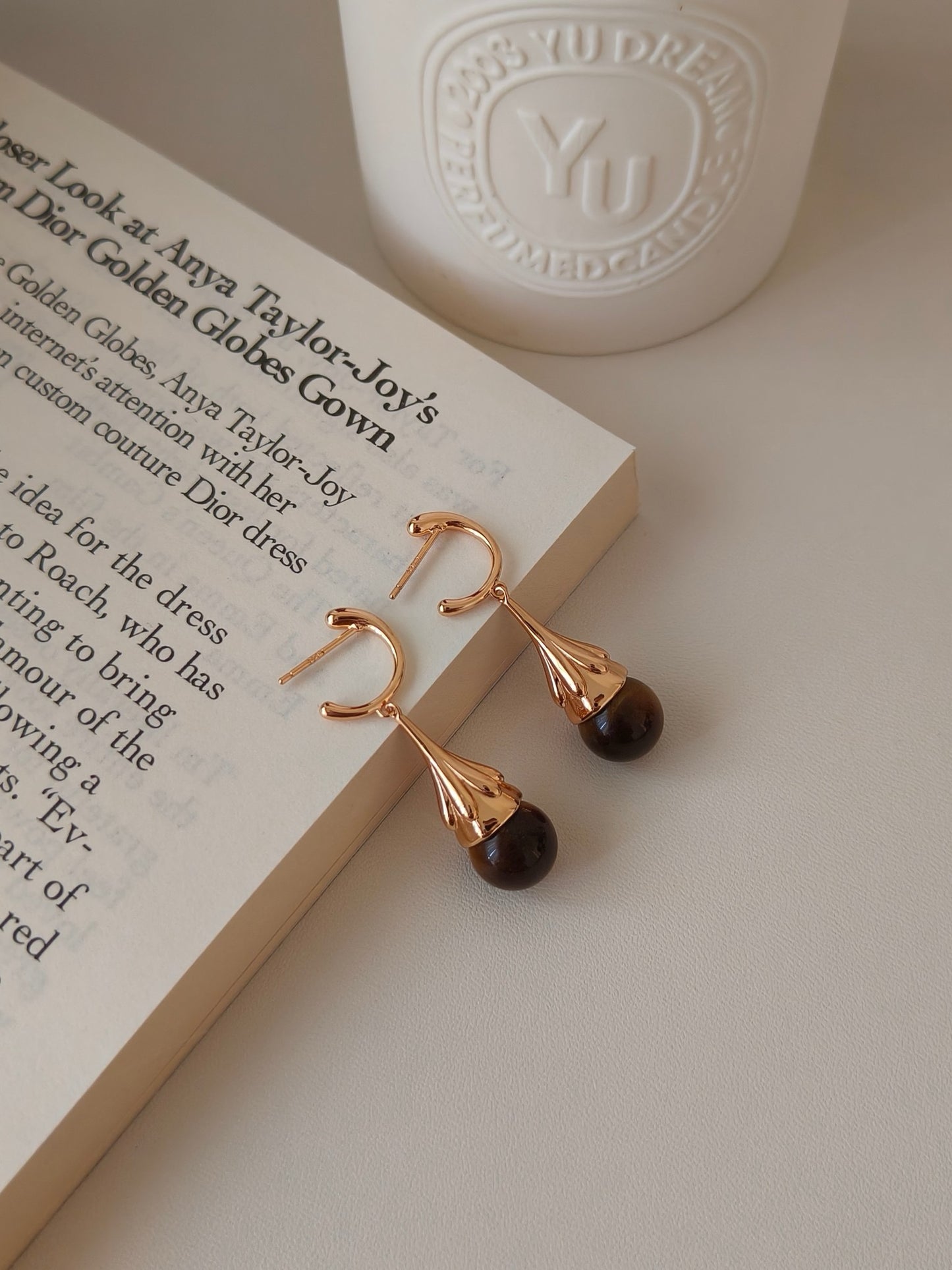 Tiger Eye Gemstone 18K Gold Earrings