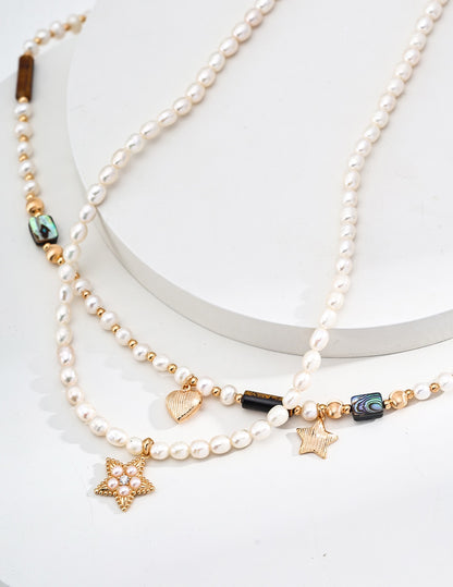 Silver Necklace with Natural Pearl, Tiger's Eye, and Abalone Shell Star Pendant