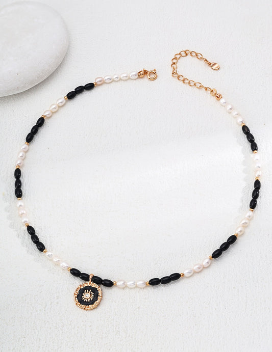 Natural Pearl & Black Onyx Pendant Necklace