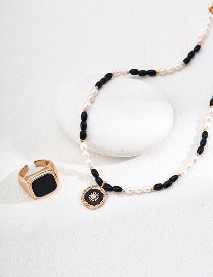 Natural Pearl & Black Onyx Pendant Necklace