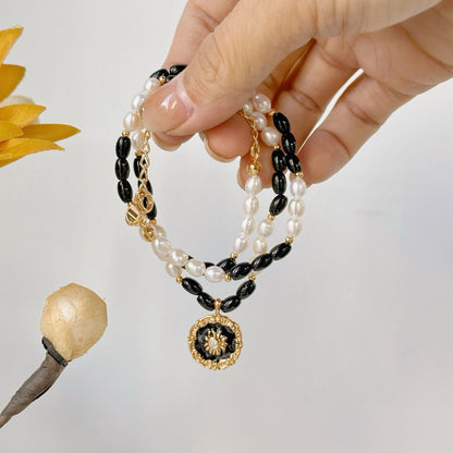 Natural Pearl & Black Onyx Pendant Necklace