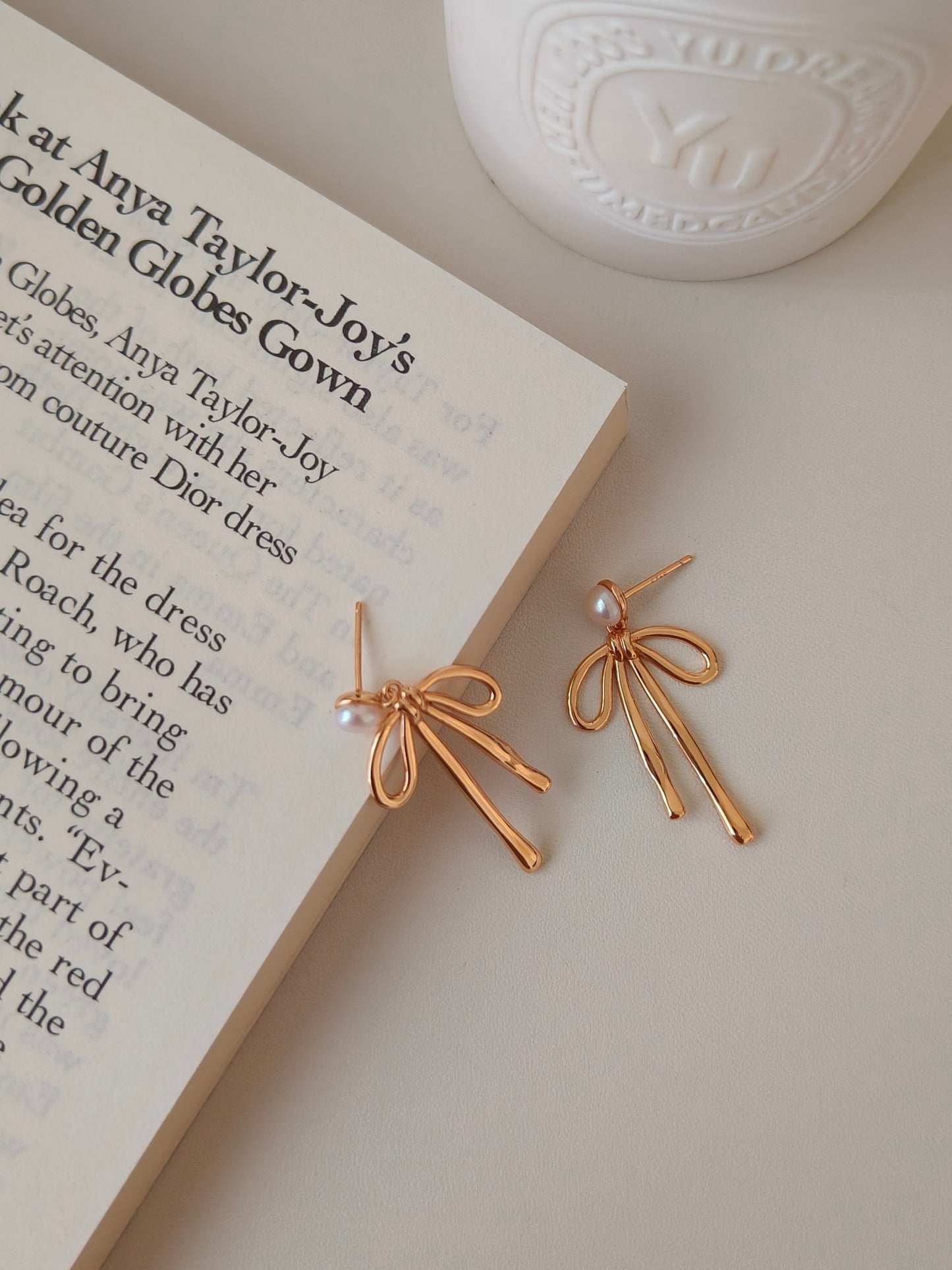 Gold Bowknot Pearl Earrings